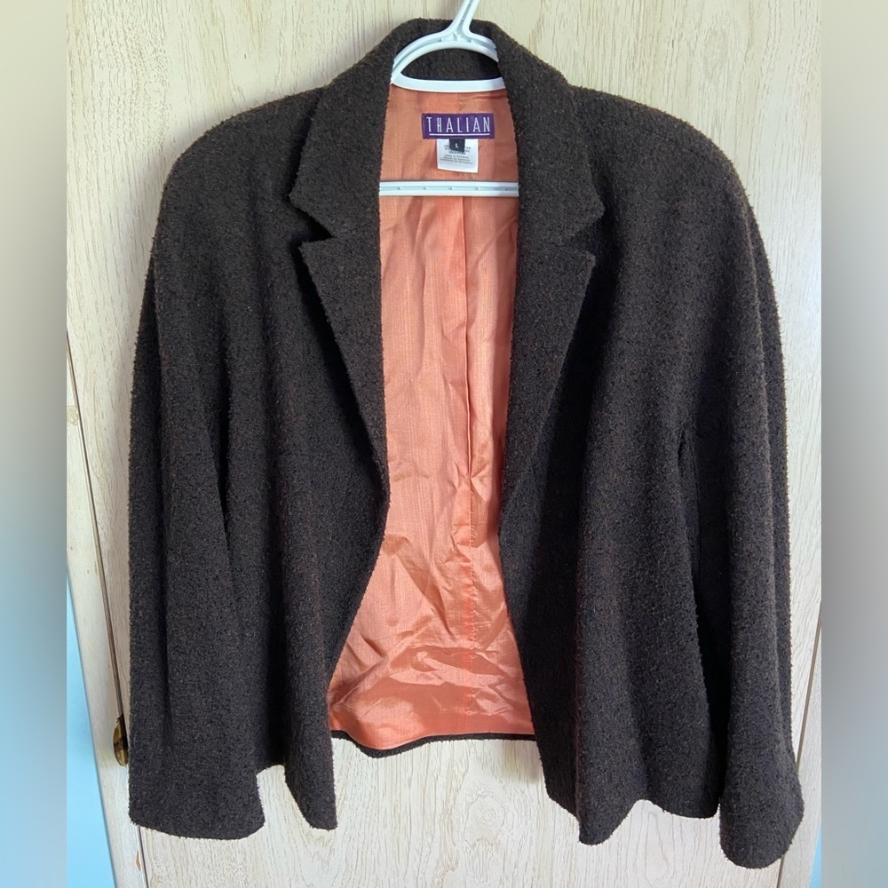 Vintage THALIAN Brown Boucle Wool Blend Open Front Blazer Women’s Large